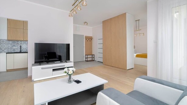 A modern living room with a flat-screen TV, a white coffee table with a vase, and a grey sofa.