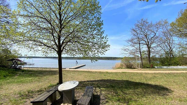 A picnic area with a table and benches near a lake. - New! Haus Seebrise - at Useriner See - Müritz National Park (Userin)