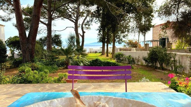 Une table à manger dressée avec des fruits de mer, et un banc, le tout dans un cadre de jardin.