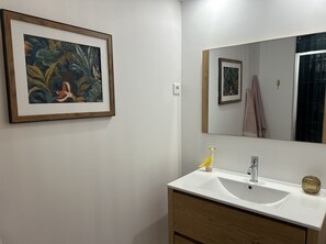 Shower, hair dryer, towels