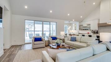 TV, fireplace, books