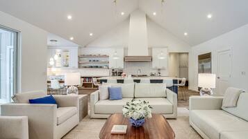 TV, fireplace, books