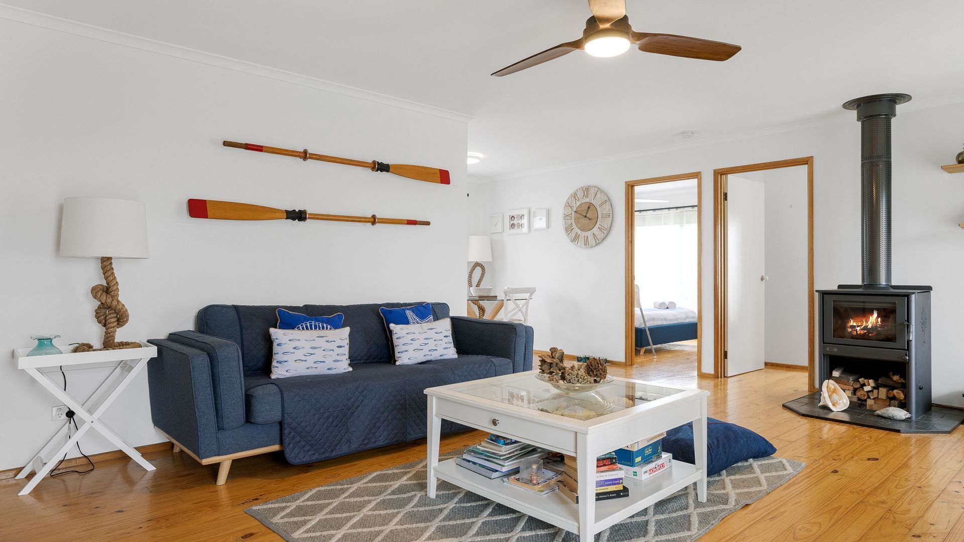 TV, fireplace, DVD player, books