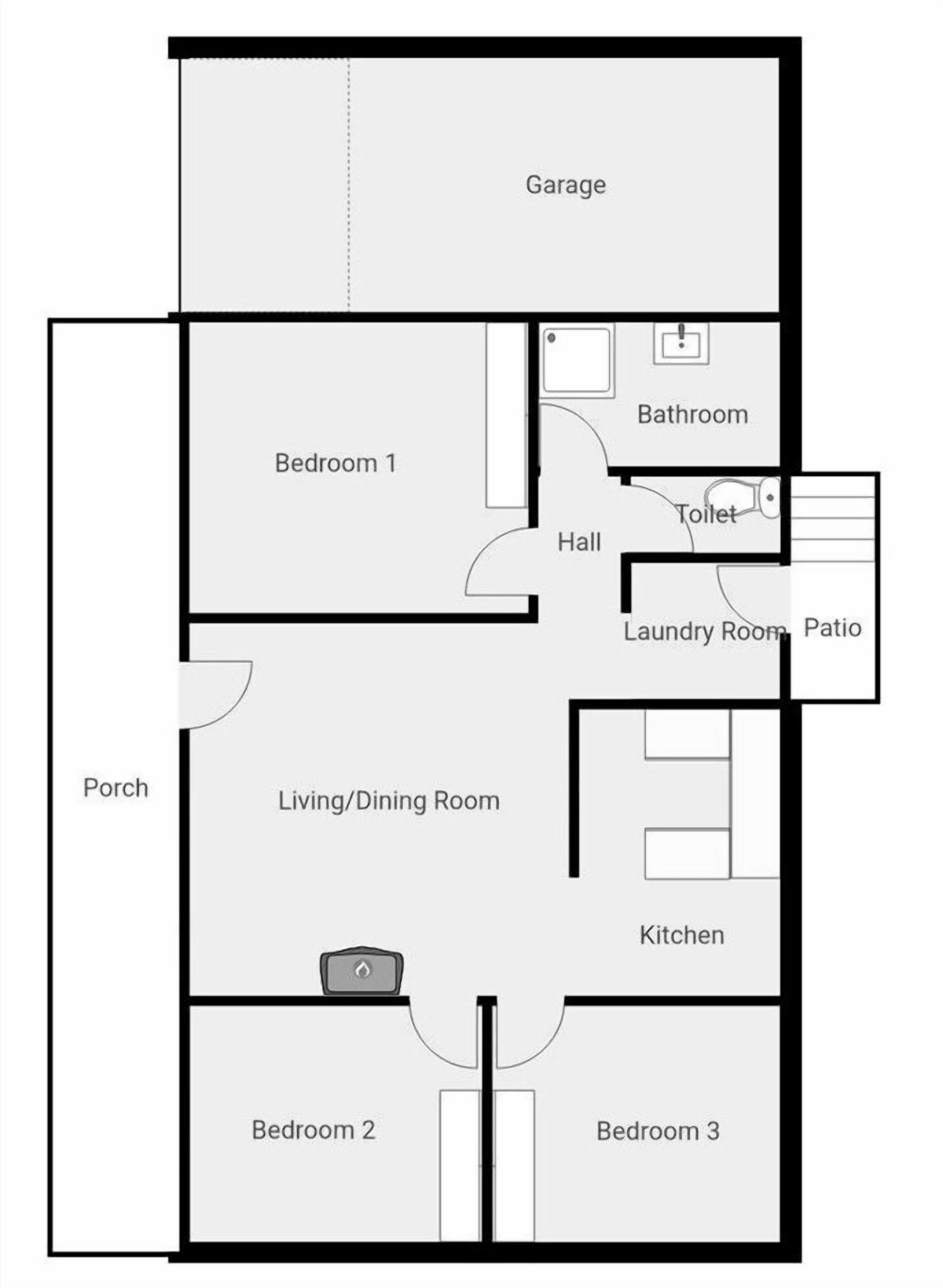 Plano de planta que muestra un garaje, dormitorio 1, baño, pasillo, lavandería, patio, sala de estar/comedor, cocina, dormitorio 2 y dormitorio 3.