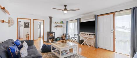 TV, fireplace, DVD player, books