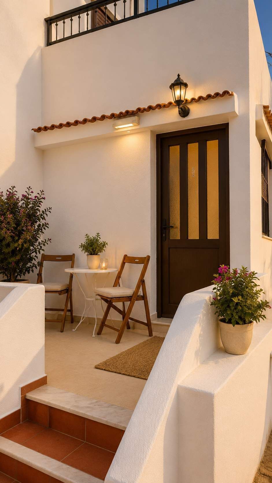 A white building with a brown door, a small table with chairs, and potted plants.