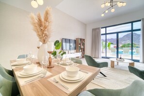Dining - Beautiful 3BR Villa with Assistant Room Al Dana Island, Fujairah by Deluxe Holiday Homes (Fujairah)