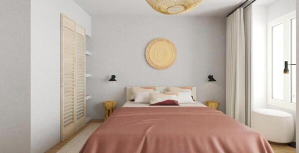 Ein Schlafzimmer mit Bett, Nachttischen, einem runden Wandbild, einem Fenster mit Vorhängen und einer Tür mit Klappläden.