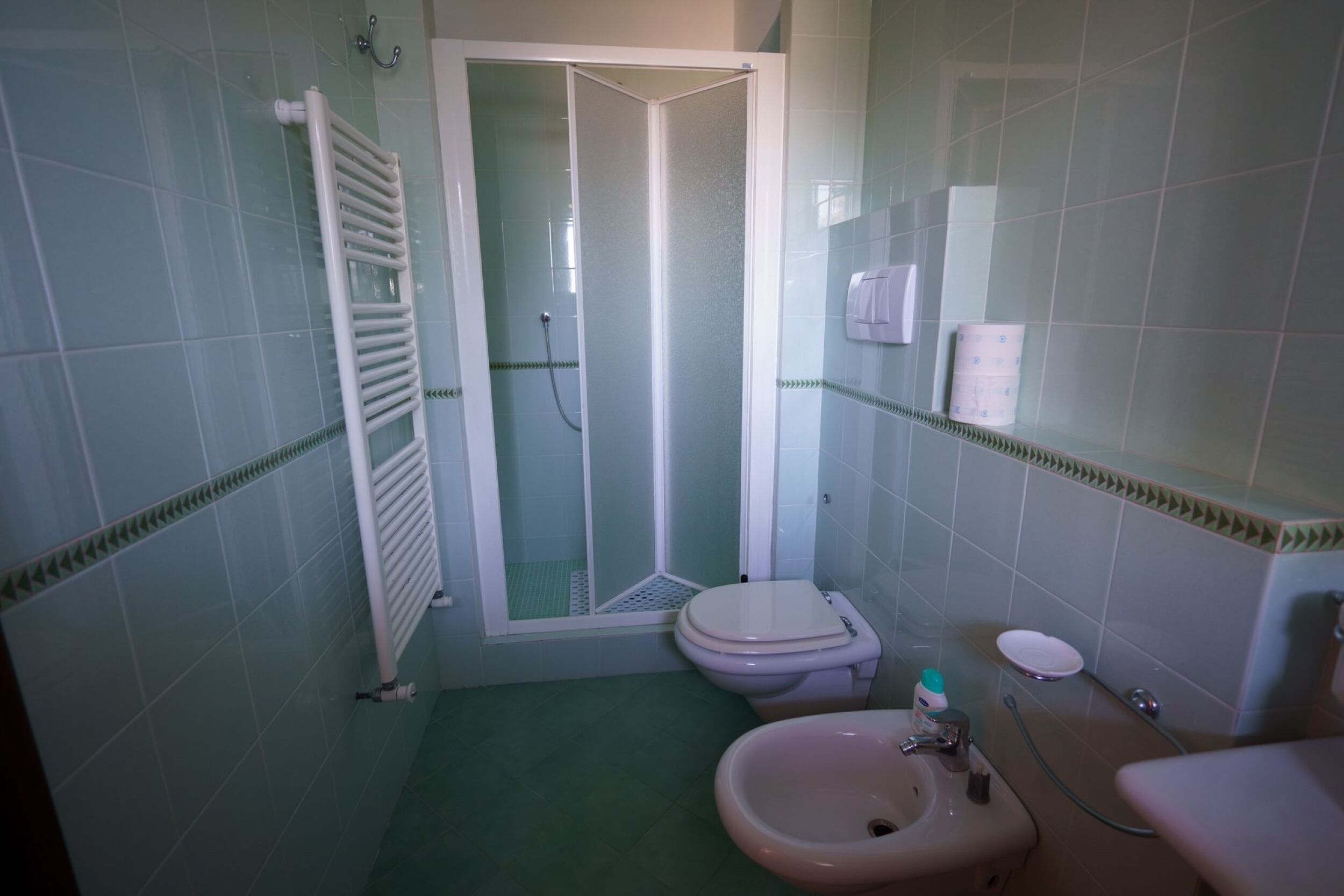 A bathroom with a shower, toilet, sink, and a towel rack.