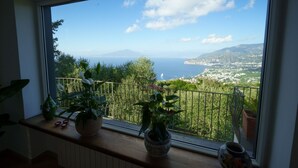 A balcony with potted plants, a view of the sea, and a distant cityscape. - Family-friendly sea-view villa with enclosed garden & BBQ near Sorrento (Sorrento)