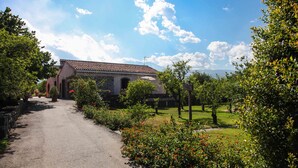 A paved pathway leading to a building with a tiled roof, surrounded by lush greenery and flowering plants. - Agriturismo Galea (Riposto)