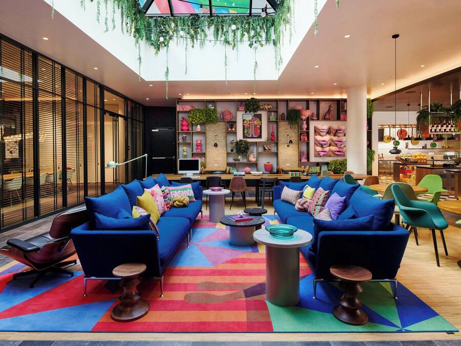A modern lounge area with blue sofas, colorful rugs, and a variety of plants and decorative items on shelves.