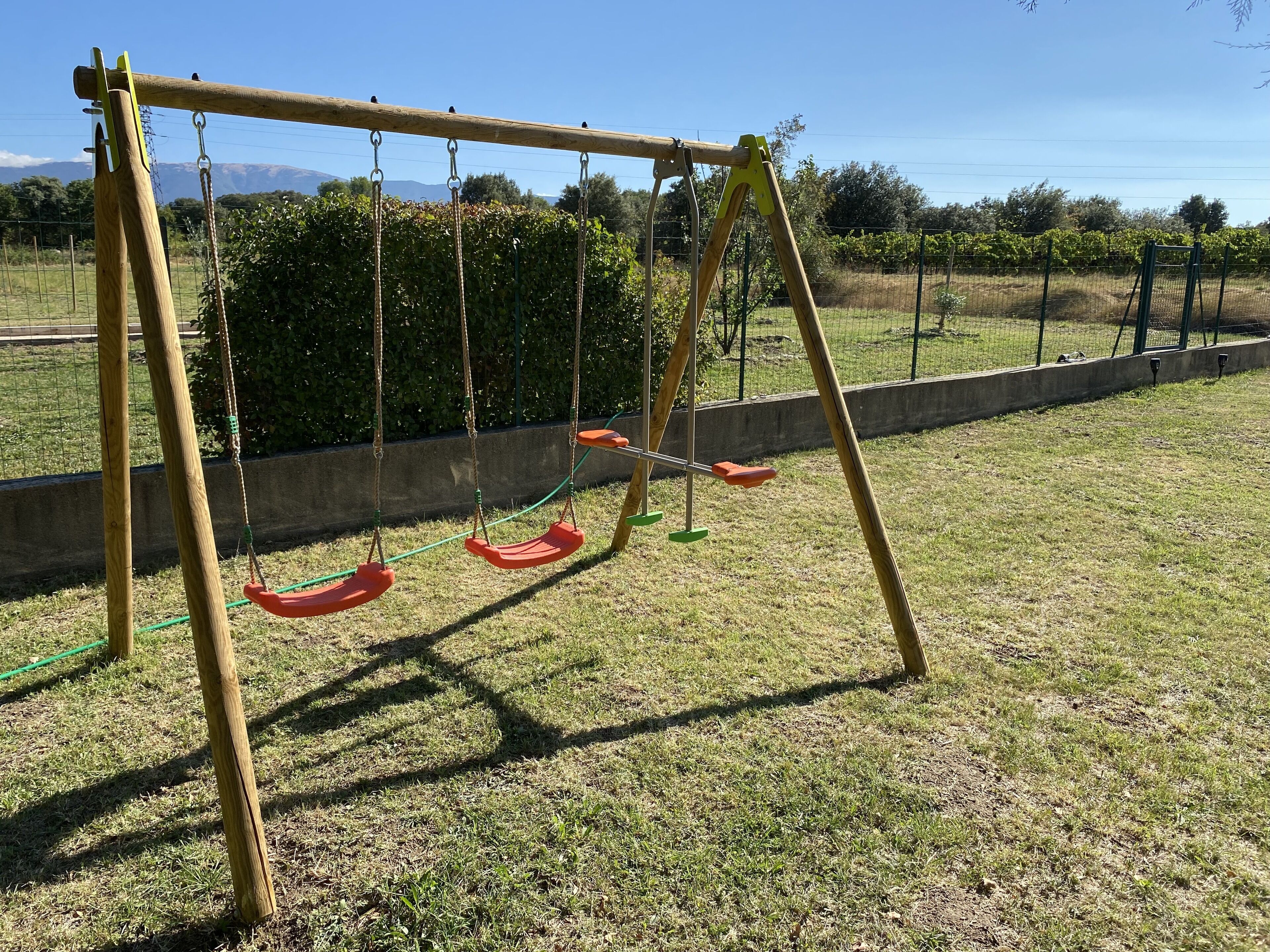 A wooden swing set in a grassy area with a concrete border and a hedge in the background.