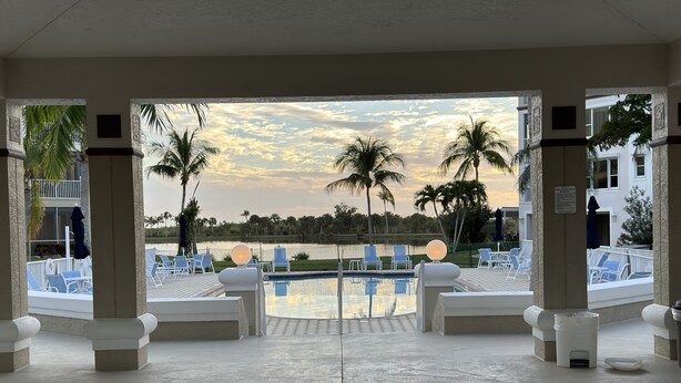 A pool area with lounge chairs and palm trees, viewed through an open doorway.