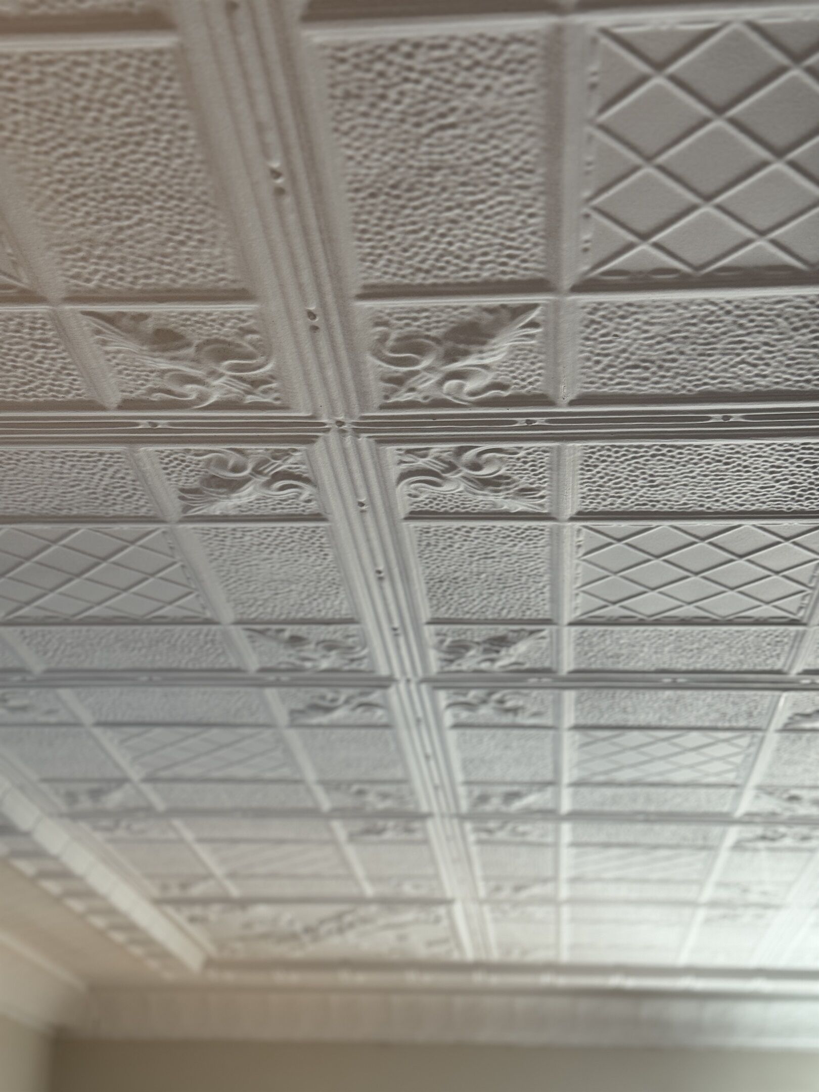 Un plafond orné de motifs complexes et une poutre centrale.