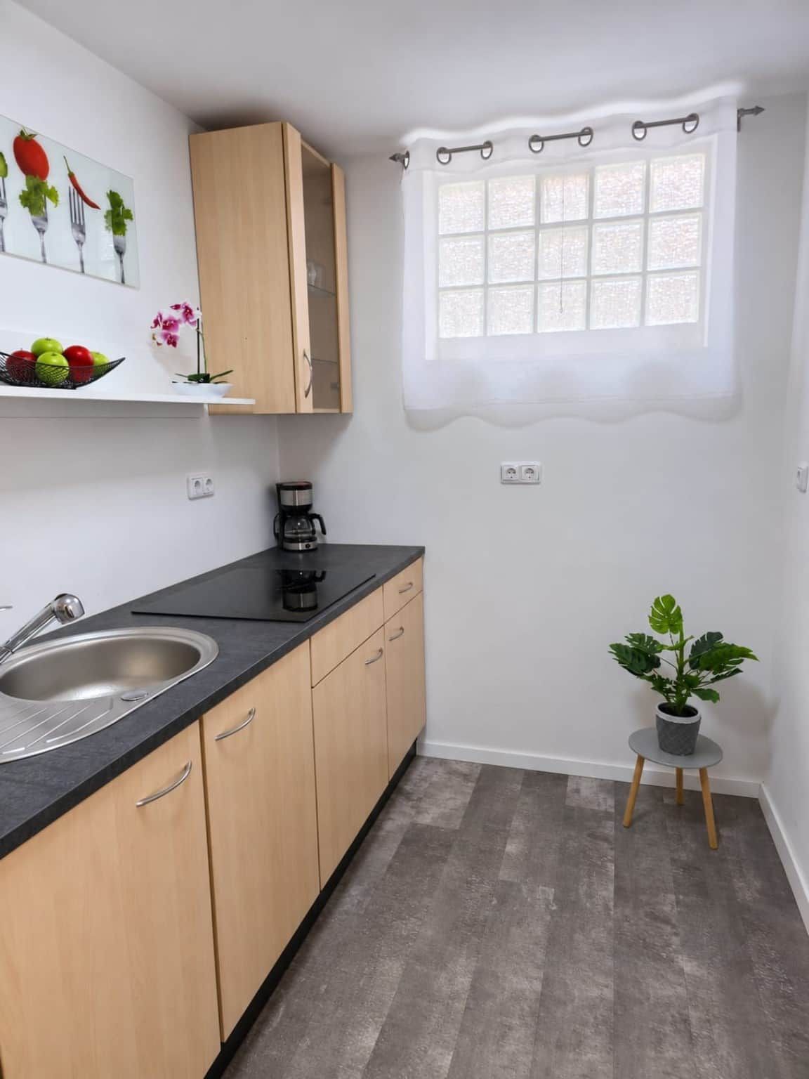 A kitchen with a sink, countertop, cabinets, a coffee maker, a window with curtains, and a small potted plant.