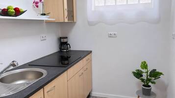 A kitchen with a sink, countertop, cabinets, a coffee maker, a window with curtains, and a small potted plant.