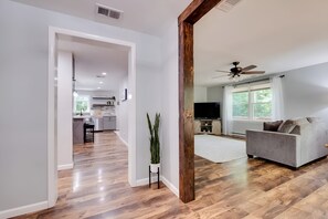 Smart TV, fireplace, books