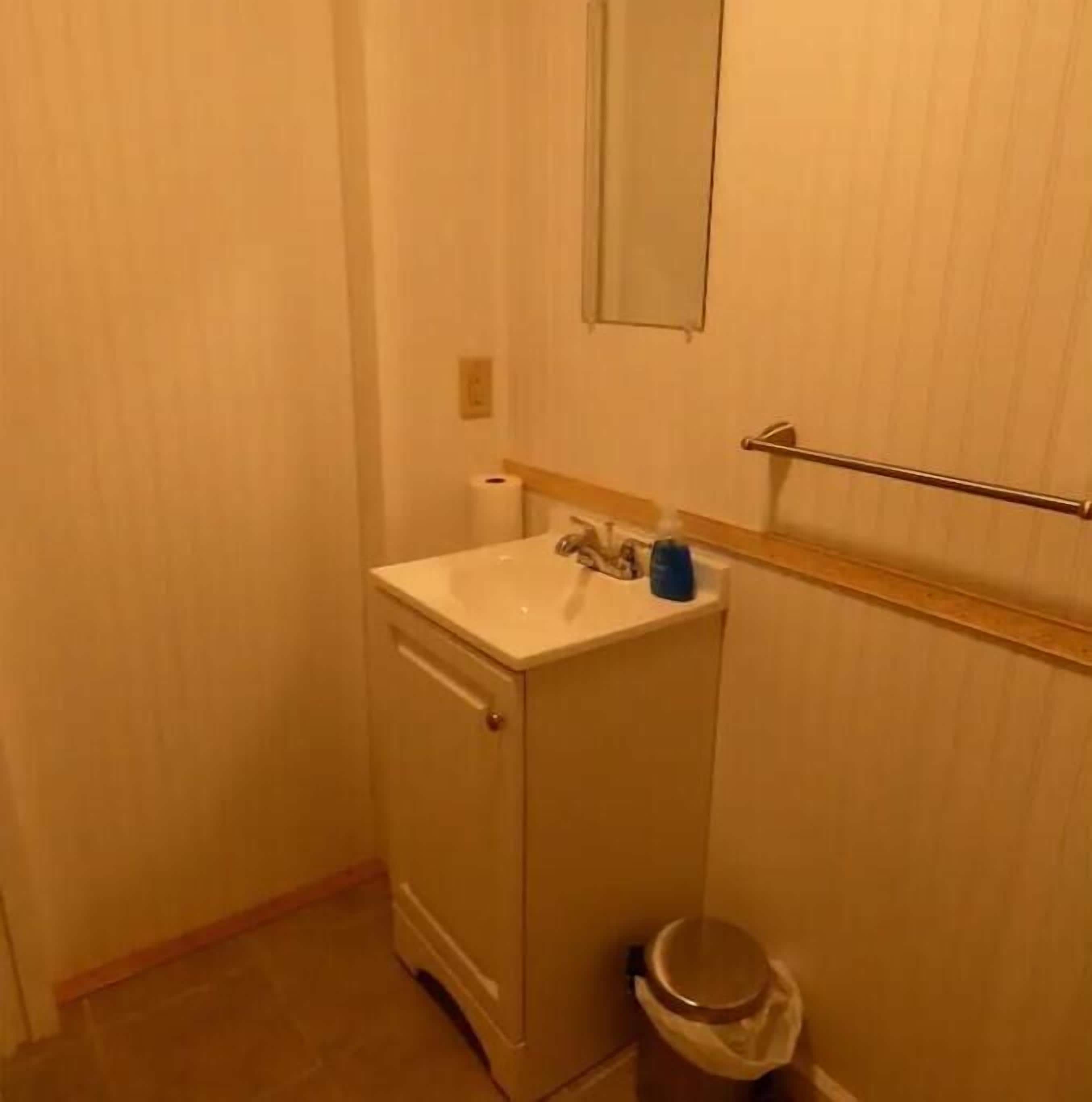 A small bathroom with a sink, mirror, towel rack, and toilet.