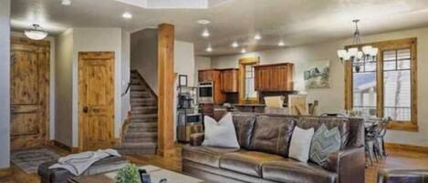 TV connectée, cheminée, lecteur de DVD, livres