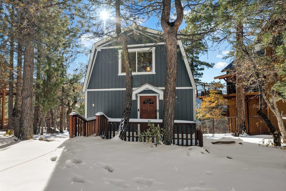 A two-story cabin with a snow-covered front yard, surrounded by tall trees.