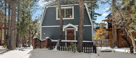 A two-story cabin with a snow-covered front yard, surrounded by tall trees.