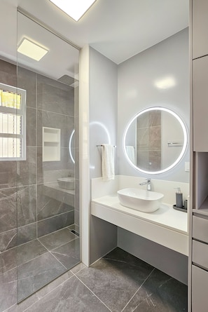 Shower, hair dryer, towels