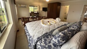 Une chambre à coucher avec un lit, un bureau, une chaise et un téléviseur.