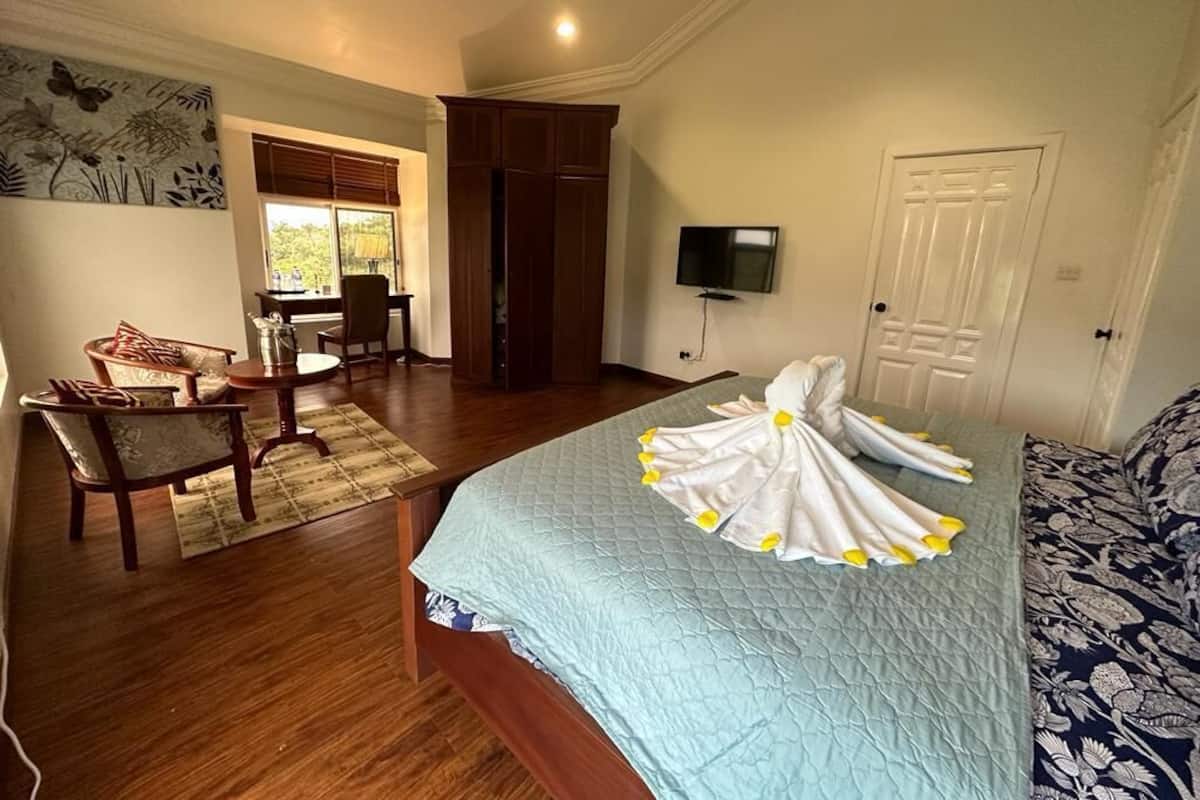 A hotel room with a bed, a desk, a chair, a television, and a wardrobe.