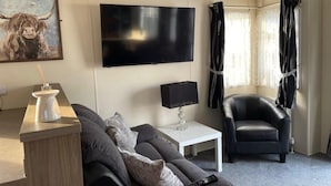 A living room with a sofa, a TV, a lamp, a chair, and a painting. - Premium 2 bed Caravan Sleeps 6 With Huge Decking (Clacton-on-Sea)