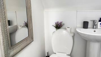 Douche, serviettes fournies, papier toilette