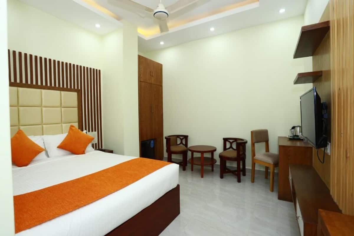 Una habitación de hotel con una cama grande, televisión, escritorio y armario.