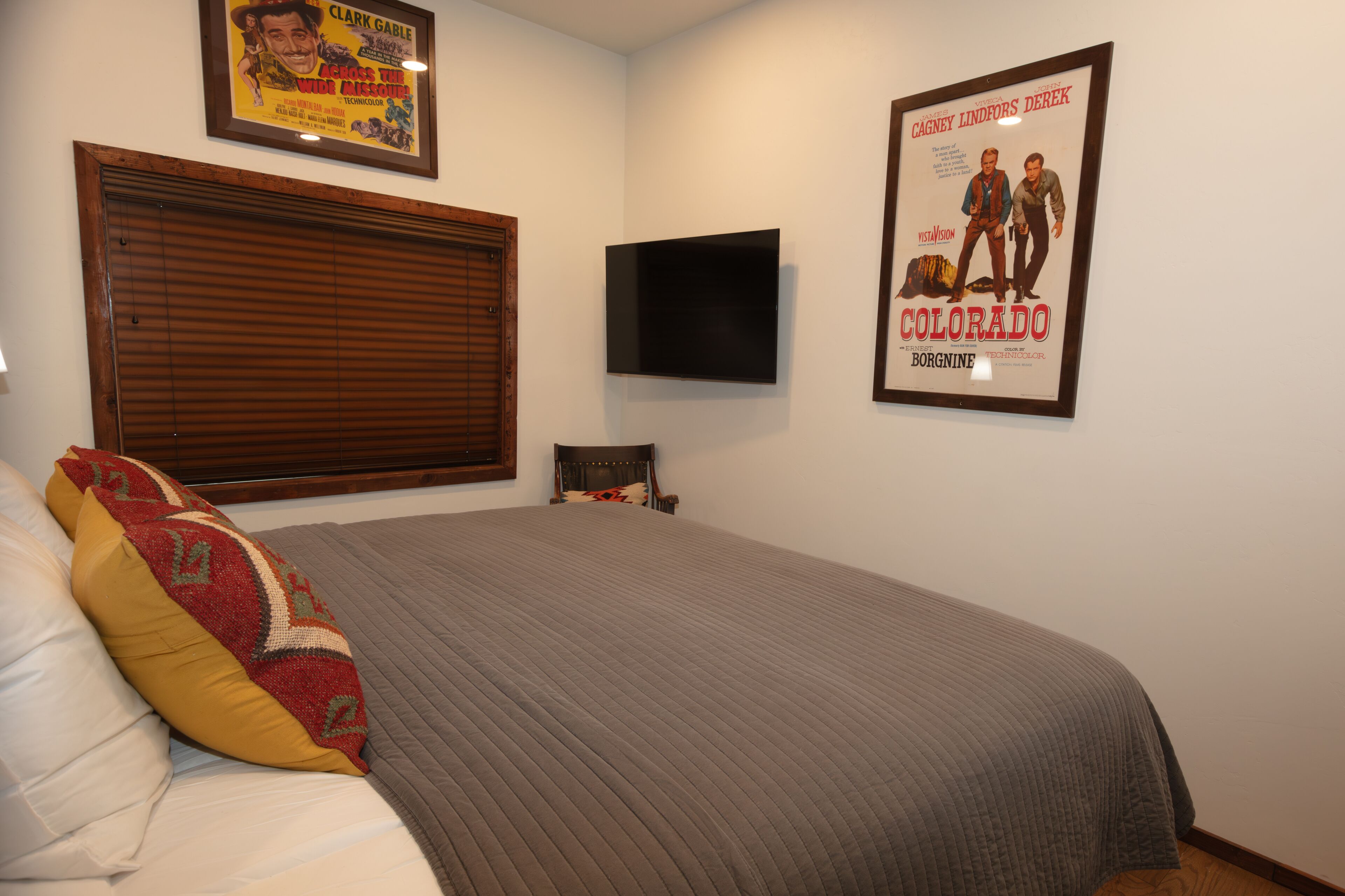 A bedroom with a bed, a television, and two posters on the wall.
