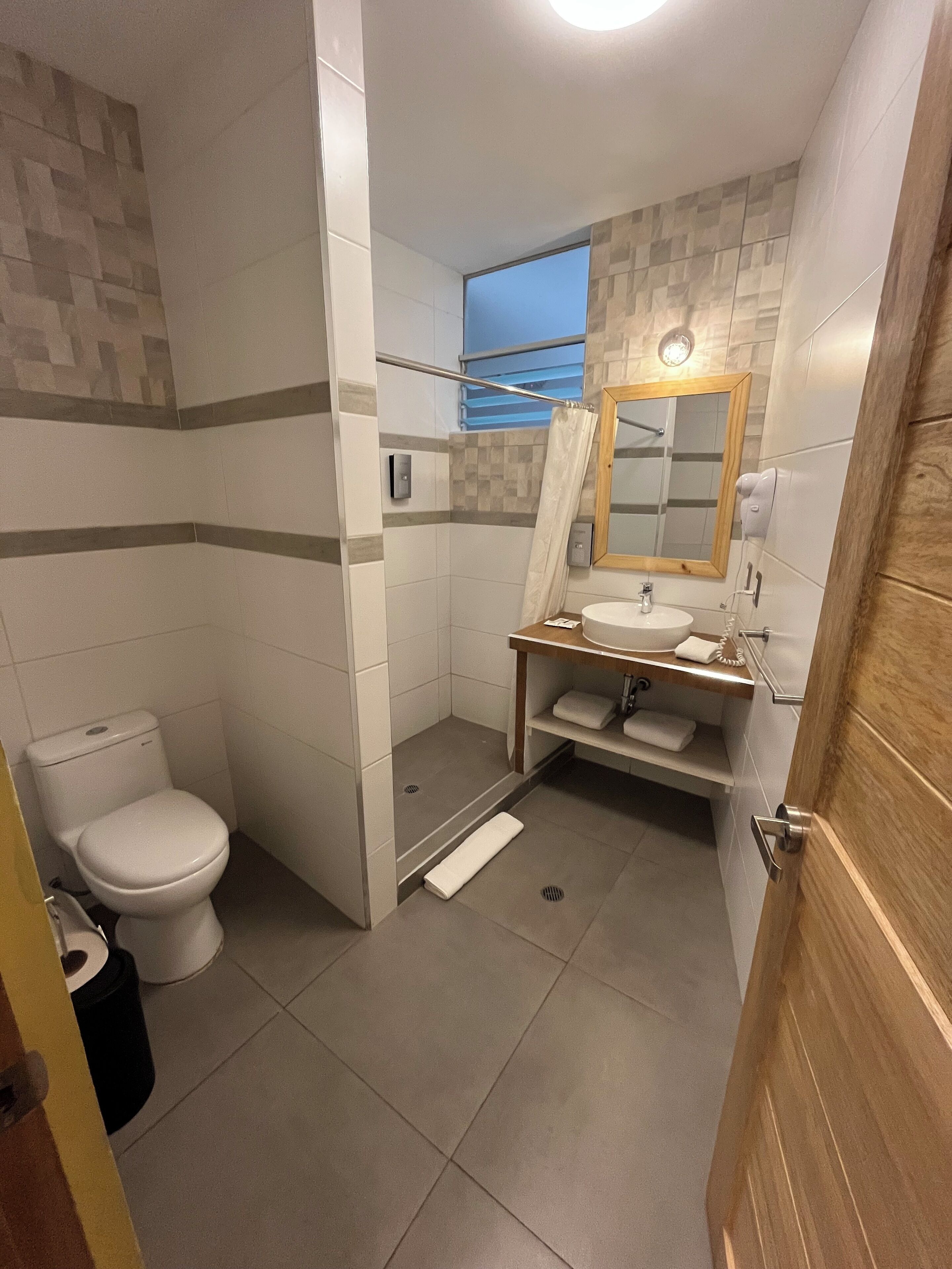 Un baño con inodoro, ducha, lavamanos y espejo.