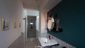 A modern bathroom with a shower, a sink, and a mirror.