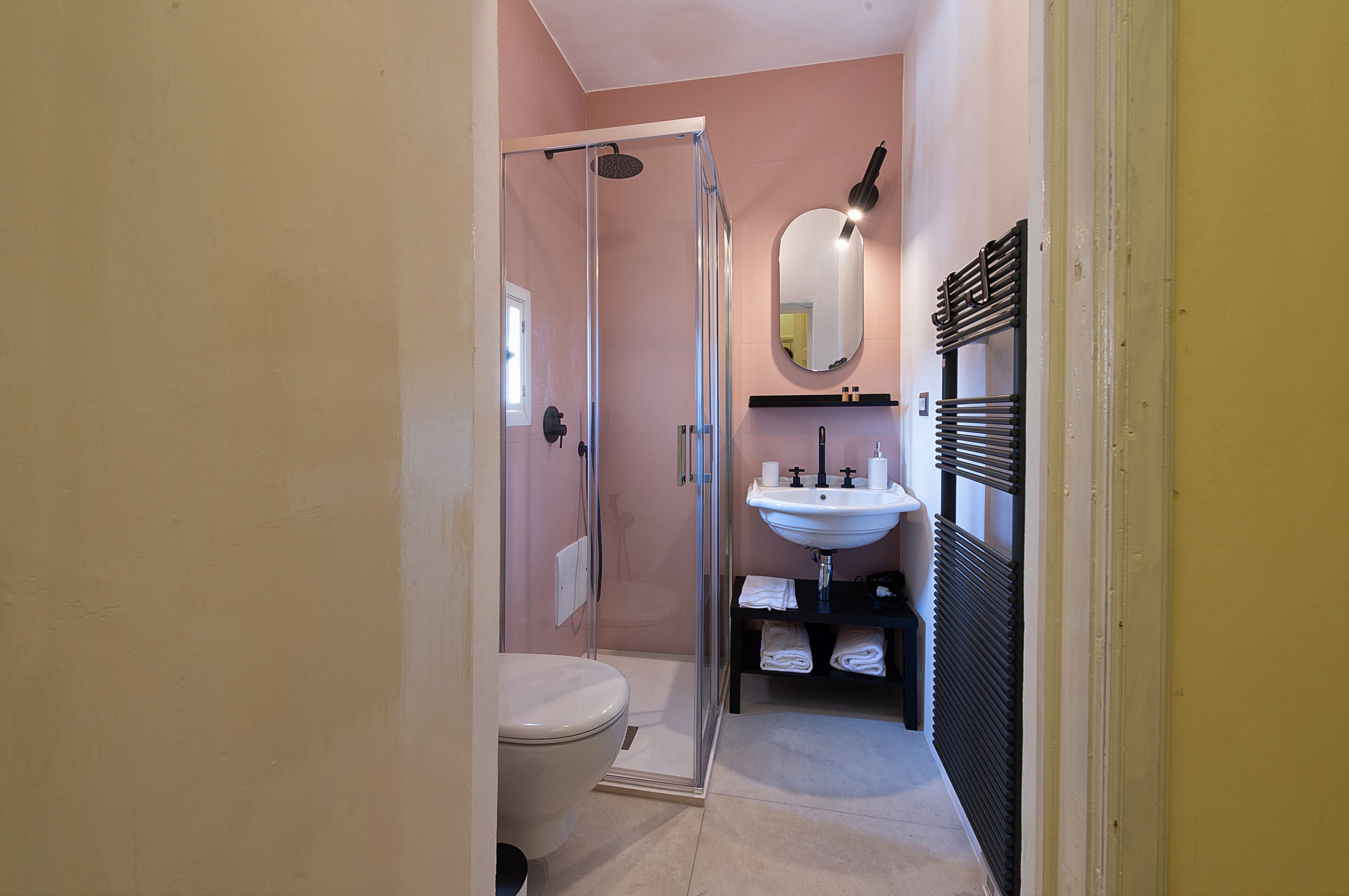 A compact bathroom with a glass-enclosed shower, a white toilet, a sink with a mirror above, and a towel rack.