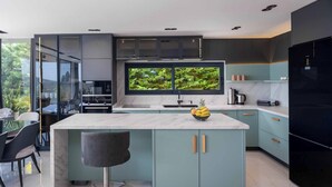 Une cuisine moderne dotée d’un grand îlot central, d’un téléviseur encastré et offrant une vue sur la verdure environnante.