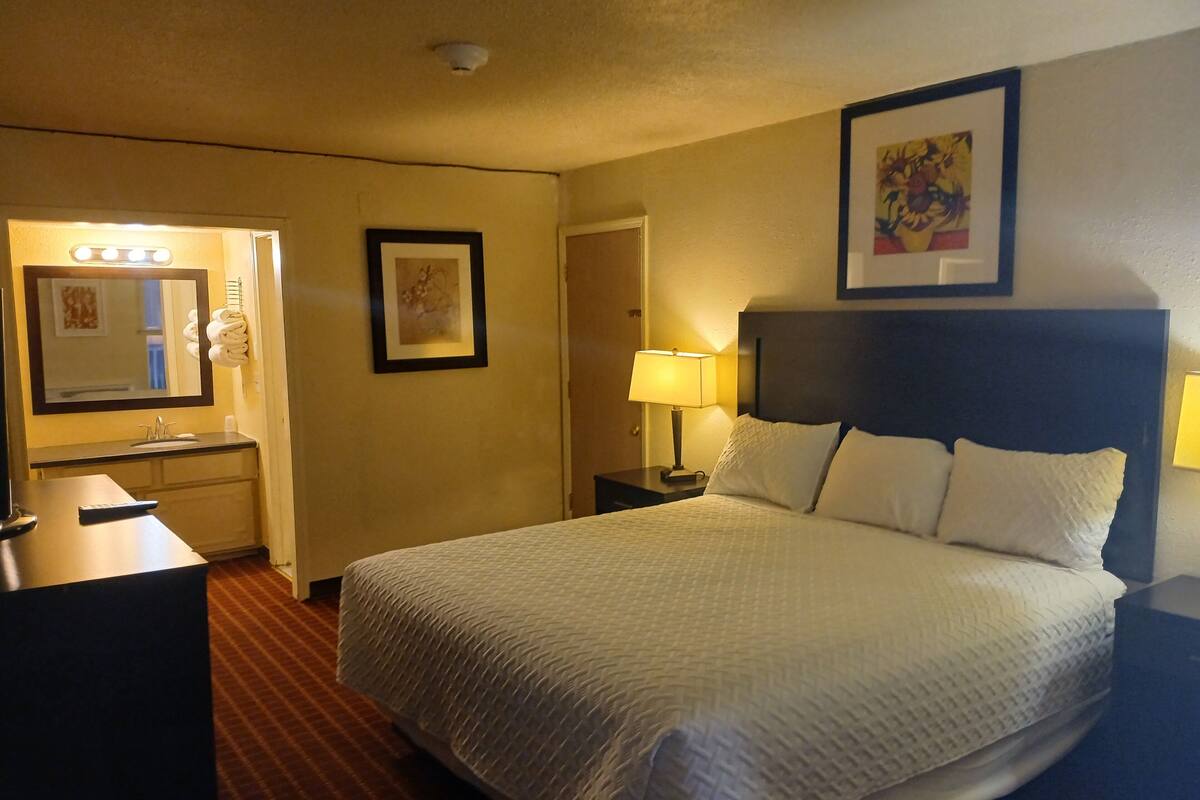 A hotel room with a bed, a desk, a mirror, a framed picture, and a lamp.