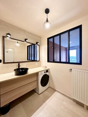 Hair dryer, towels, soap, shampoo
