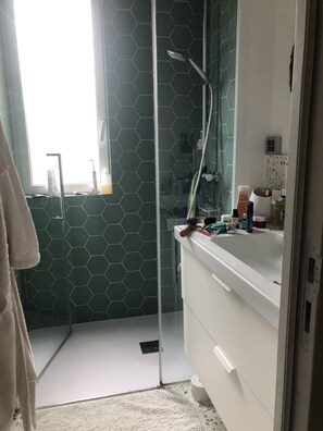 Ducha, secador de pelo, toallas, jabón