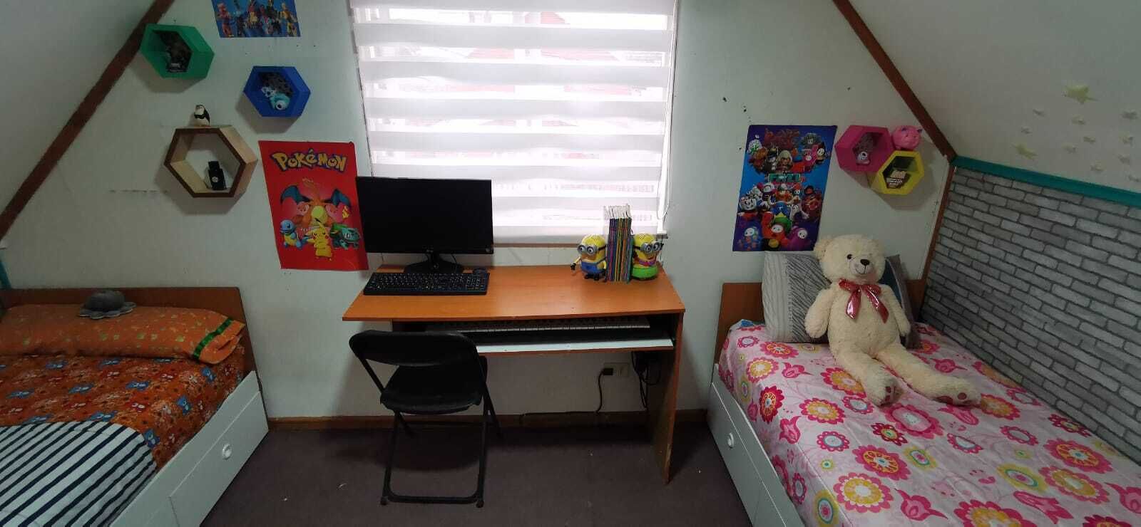 Une chambre de dortoir avec deux lits, un bureau avec un ordinateur et divers affiches aux murs.