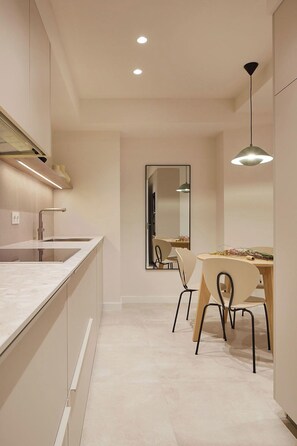 Fridge, microwave, oven, dishwasher