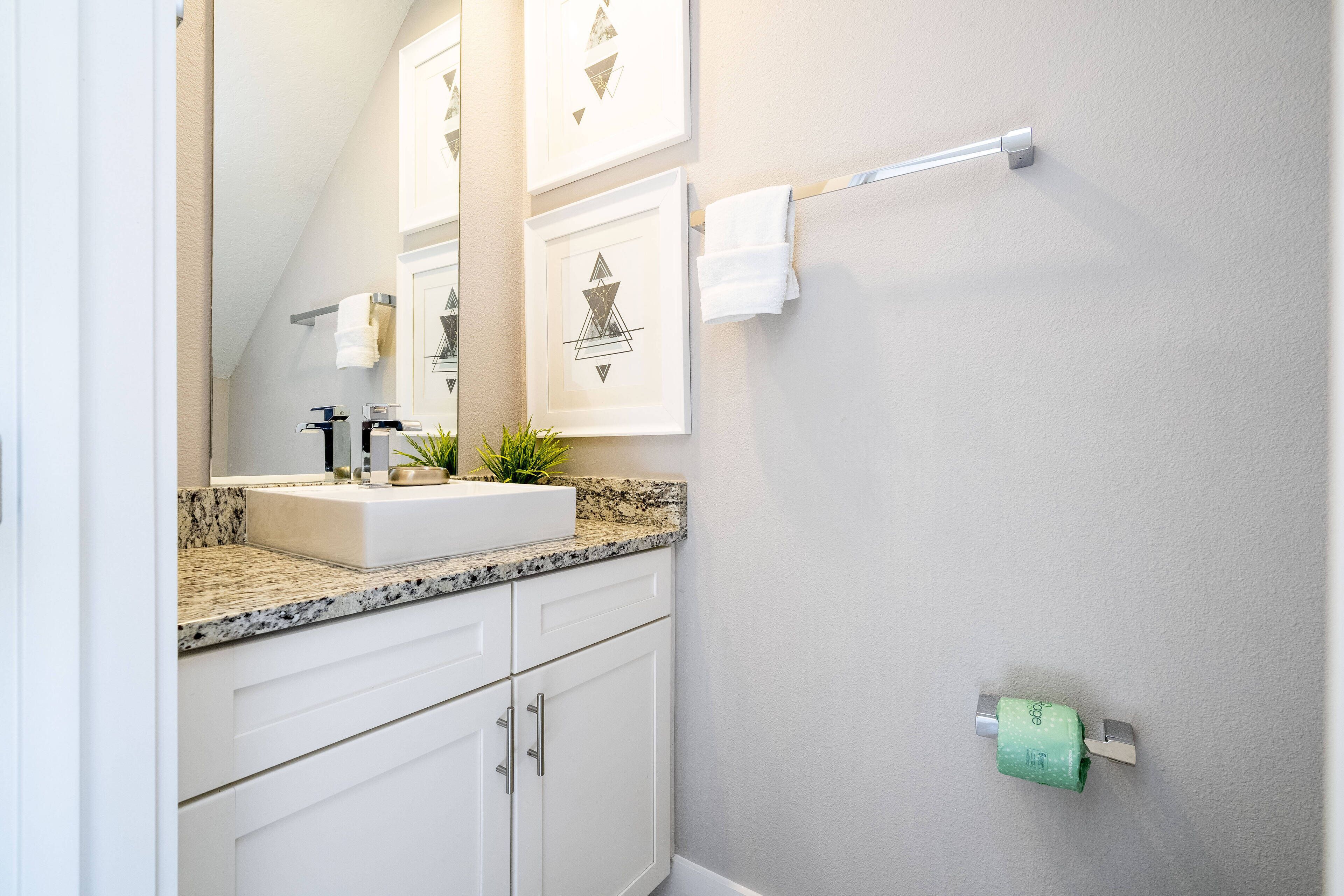 Une salle de bain équipée d’un lavabo, d’un miroir, d’un porte-serviettes et d’un support à papier toilette.