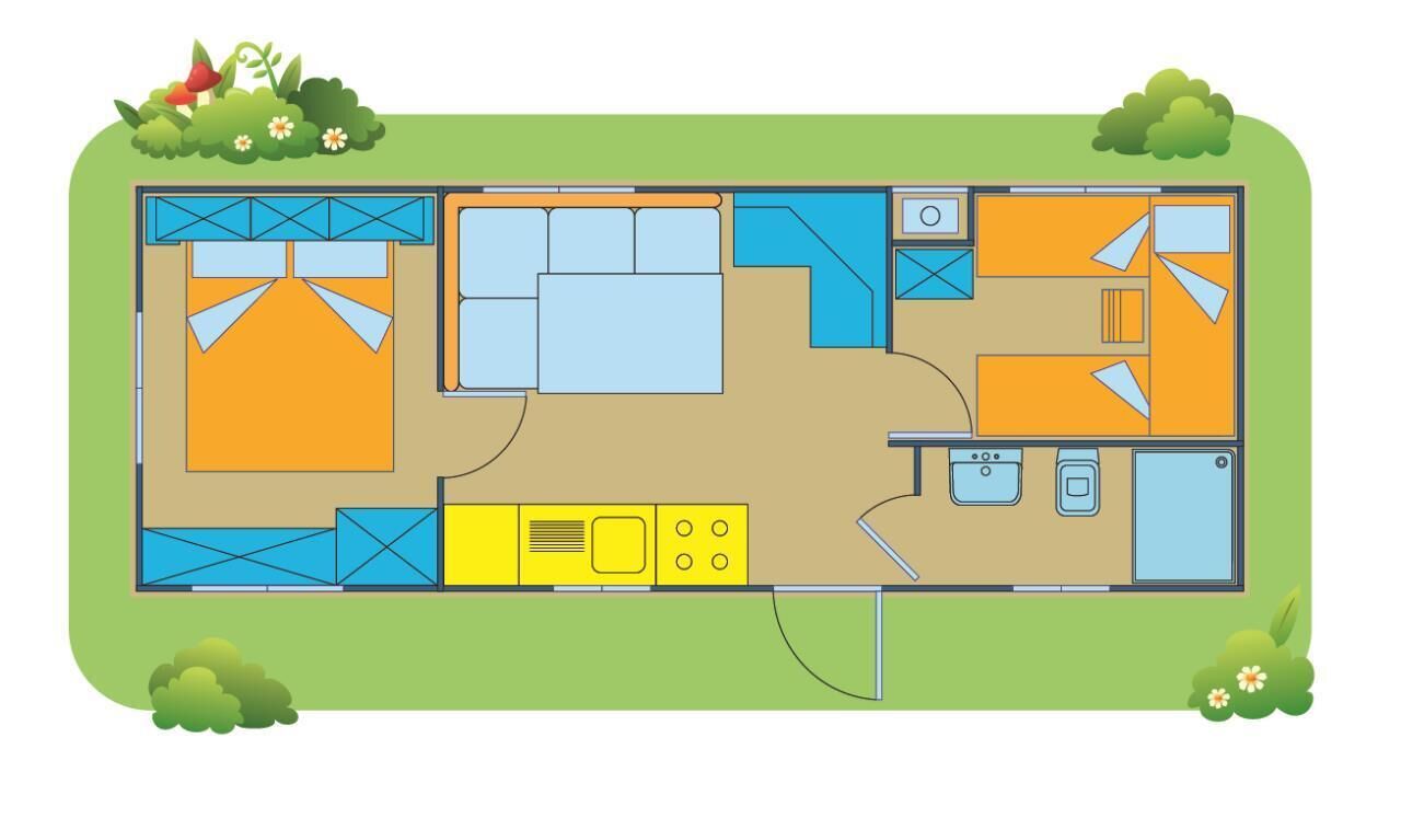 Plànol d'una casa que mostra un saló, cuina, dues habitacions i un bany.
