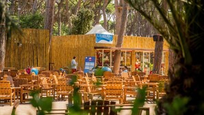 Eine Holzterrasse mit vielen Stühlen und Tischen, ein Bambuszaun und ein Schild mit der Aufschrift 'ELITE KIDS POINT'.