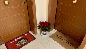 Ein Flur mit zwei Holztüren, einer Fußmatte mit einem Affenmotiv und einem Blumentopf mit roten Blüten.
