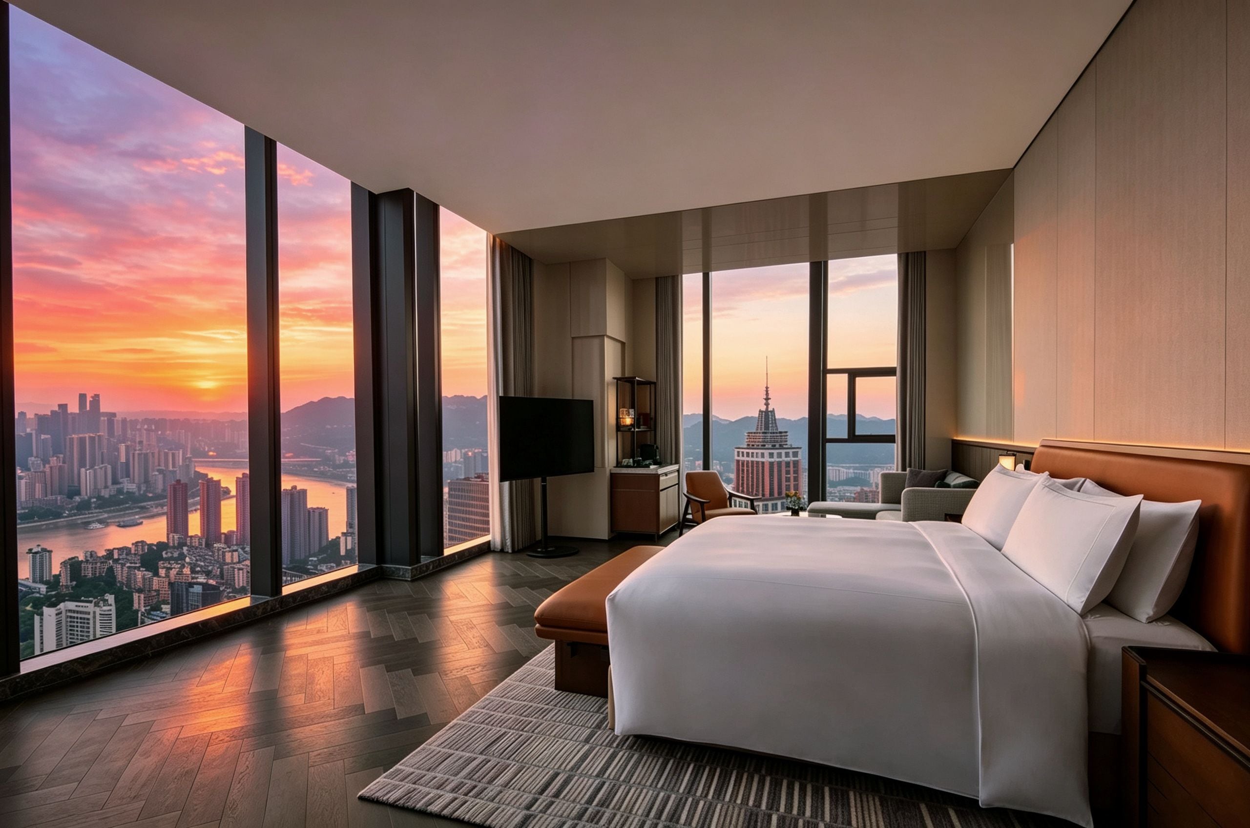 A modern hotel room with a large bed, a desk, and a TV. The room has large windows offering a city view.
