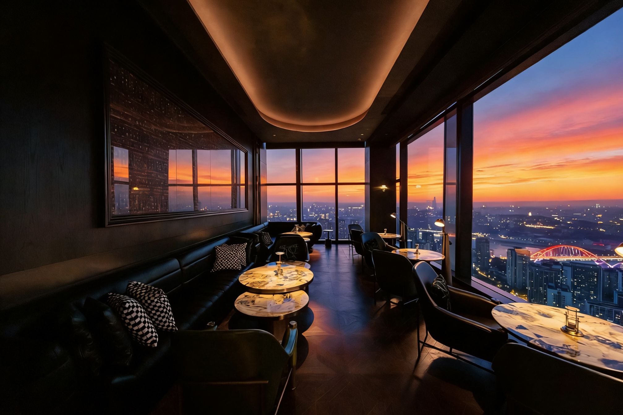 A high-rise interior with a city view at sunset, featuring a bar area with seating and tables.