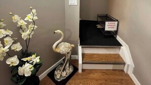 Una escalera con un cartel que dice 'Quite los zapatos', una escultura de un cisne blanco y orquídeas blancas sobre un pedestal negro.