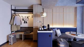 Down comforters, free minibar, in-room safe, desk